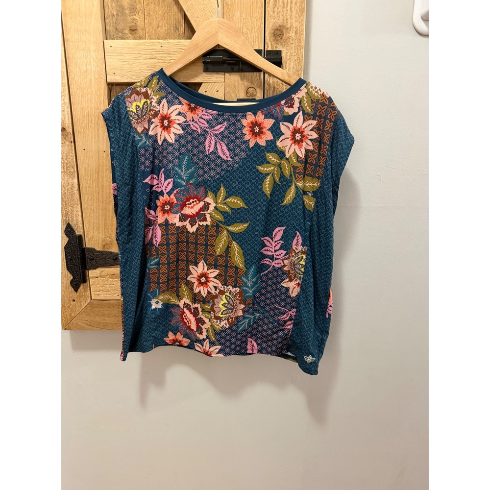 Johnny Was Active Floral Keyhole Back Top Teal Blue Boho Athletic Shirt XL